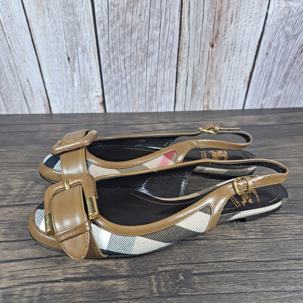 Burberry Flat Leather Sandals Brown/Plaid Slingback Novacheck Women's Sz 5.5